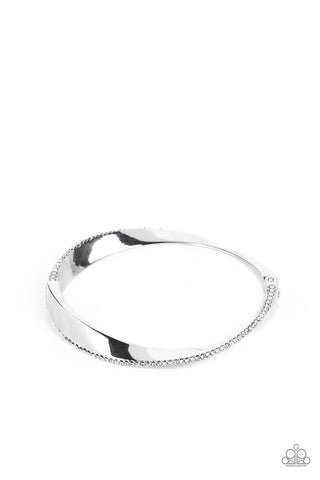 Artistically Adorned - White - Warped Rhinestone Encrusted Silver Paparazzi Hinge Bracelet