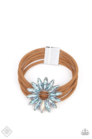 Astral Adventure - Multi - Iridescent Rhinestone Flower Brown Leather Paparazzi Magnetic Bracelet - July 2022 Sunset Sightings Fashion Fix