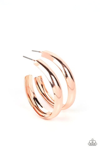 Champions Curves - Rose Gold - Shiny Asymmetrical Paparazzi Hoop Earrings