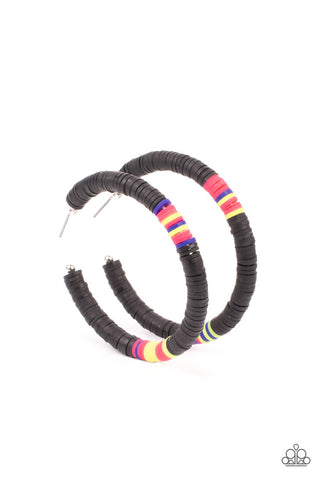 Colorfully Contagious - Black - and Multicolored Rubber Band Paparazzi Hoop Earrings - 2021 Celebrate Convention Exclusive