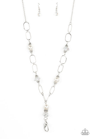 Creative Couture - White - Iridescent Bead and White Pearl Paparazzi Lanyard Necklace - 2022 GLOW Convention Exclusive