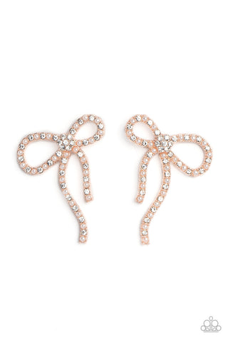 Deluxe Duet - Rose Gold - White Rhinestone and Pearl Bow Paparazzi Post Earrings