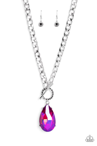 Edgy Exaggeration - Pink - Oversized Teardrop UV Gem Toggle Paparazzi Short Necklace - May 2023 Life of the Party Exclusive