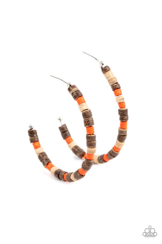 Effortlessly Earthy - Orange - Brown Wooden Bead Paparazzi Hoop Earrings
