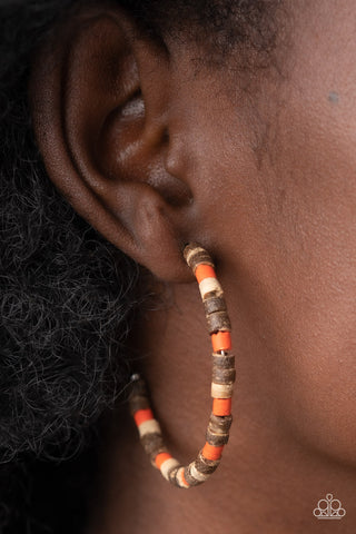Effortlessly Earthy - Orange - Brown Wooden Bead Paparazzi Hoop Earrings
