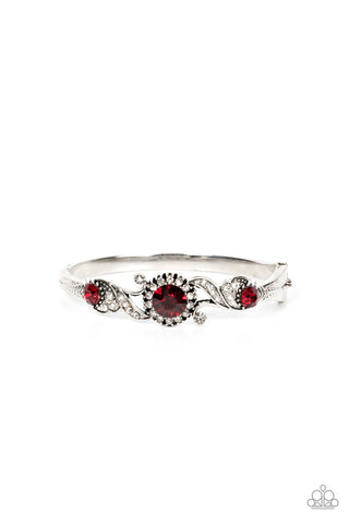 Expert Elegance - Red - Rhinestone Floral Silver Frame Paparazzi Bangle Bracelet