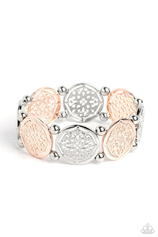 Filigree Fanfare - Multi - Floral Silver and Rose Gold Disc Paparazzi Stretchy Bracelet