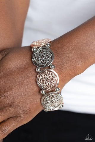 Filigree Fanfare - Multi - Floral Silver and Rose Gold Disc Paparazzi Stretchy Bracelet