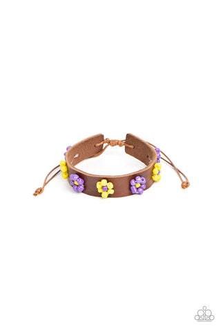Flowery Frontier - Purple - and Yellow Beaded Flower Brown Leather Paparazzi Pull-Cord Bracelet
