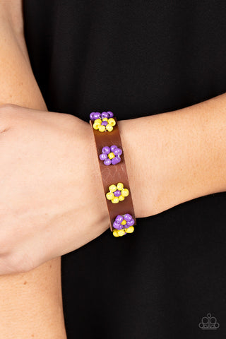 Flowery Frontier - Purple - and Yellow Beaded Flower Brown Leather Paparazzi Pull-Cord Bracelet