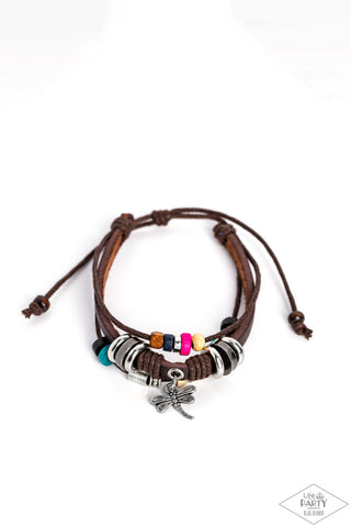 Fly High, Dragonfly - Brown - Wooden Bead Brown Cord Paparazzi Sliding Knot Bracelet - Black Diamond Exclusive
