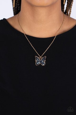Gives Me Butterflies - Gold - Seashell Flecked Acrylic Butterfly Pendant Short Paparazzi Necklace