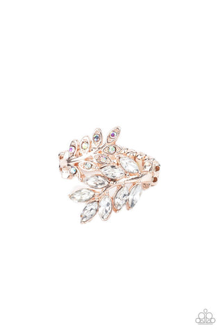 Glowing Gardenista - Rose Gold - White Iridescent Rhinestone Leafy Paparazzi Ring