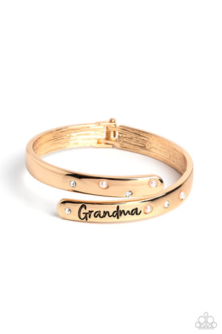 Gorgeous Grandma - Gold - White Pearl and Rhinestone "Grandma" Mother's Day Paparazzi Hinge Bracelet