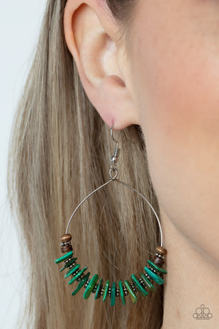 Hawaiian Kiss - Green - Wooden Bead Shell Hoop Paparazzi Fishhook Earrings
