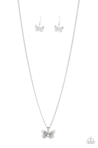 High-Flying Fashion - White - Rhinestone Center Silver Butterfly Pendant Paparazzi Short Necklace
