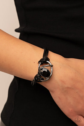 Keep Your Distance - Black - Oversized Gem Gunmetal and Cord Paparazzi Magnetic Bracelet