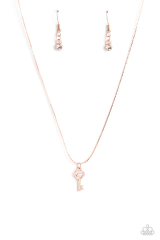 LOVE-Locked - Rose Gold - White Rhinestone Dainty Heart Key Paparazzi Short Necklace