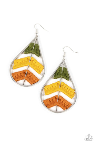 Nice Threads - Multi - Green, Yellow, Orange Thread-Wrapped Silver Leaf Paparazzi Fishhook Earrings