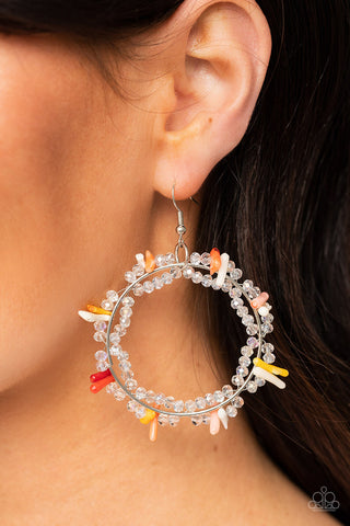 Ocean Surf - Multi - Red, Orange, Yellow Beads and Shell Hoop Paparazzi Fishhook Earrings - 2023 Empower Me Pink Exclusive