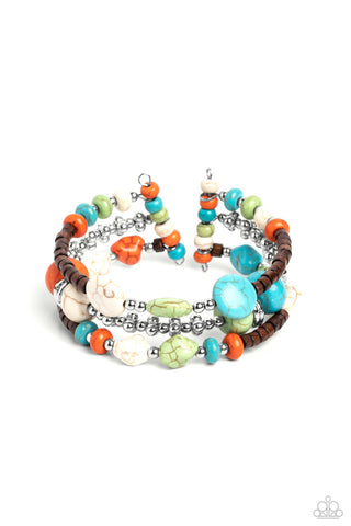 Operation Outdoors - Multi - Turquoise, Green, Orange, White Stone and Brown Wooden Bead Paparazzi Flex Cuff Bracelet