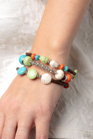 Operation Outdoors - Multi - Turquoise, Green, Orange, White Stone and Brown Wooden Bead Paparazzi Flex Cuff Bracelet