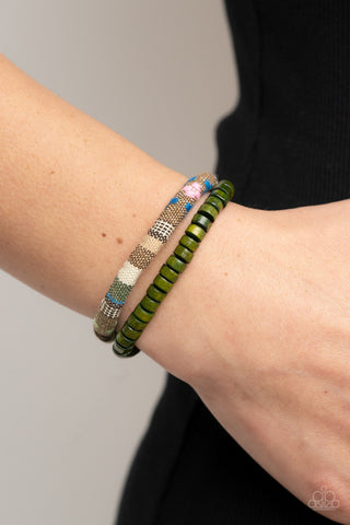 Pack Your Poncho - Green - Wooden Bead Woven Cord Paparazzi Urban Pull Cord Bracelet