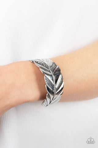 Party FOWL - Silver - Hematite Rhinestone Encrusted Feather Paparazzi Cuff Bracelet