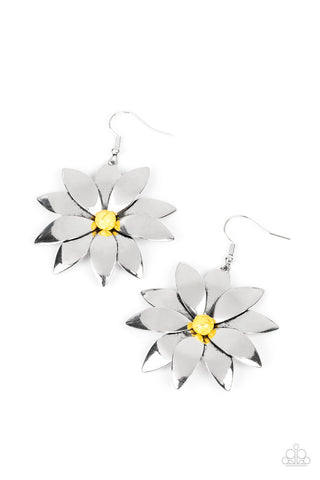 Pinwheel Prairies - Yellow - Stone Bead Center Silver Flower Paparazzi Fishhook Earrings