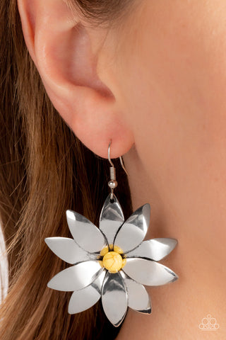 Pinwheel Prairies - Yellow - Stone Bead Center Silver Flower Paparazzi Fishhook Earrings