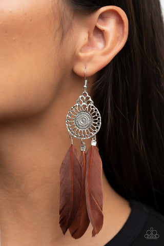 Pretty in PLUMES - Brown - Filigree Feather Paparazzi Fishhook Earrings