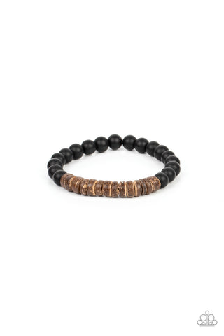 Recreational Remedy - Brown - Wooden Disc Black Stone Bead Paparazzi Stretchy Bracelet