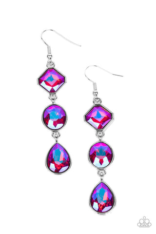 Reflective Rhinestones - Pink - UV Iridescent Gem Paparazzi Fishhook Earrings