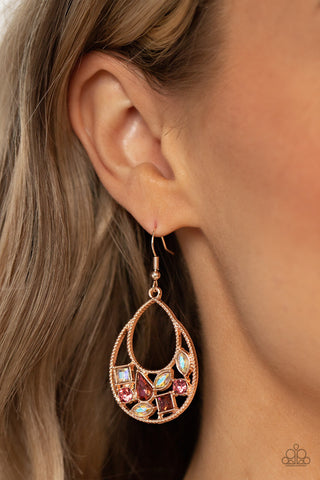 Regal Recreation - Gold - Varying Shape Pink and Iridescent Rhinestone Rose Gold Teardrop Paparazzi Fishhook Earrings