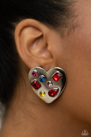 Relationship Ready - Red - Oversized Heart Geometric Gem Paparazzi Post Earrings