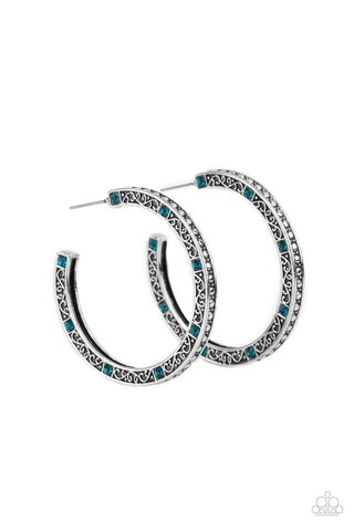 Richly Royal - Blue - Rhinestone Accented Vine Filigree Silver Paparazzi Hoop Earrings