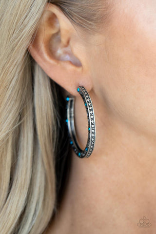 Richly Royal - Blue - Rhinestone Accented Vine Filigree Silver Paparazzi Hoop Earrings