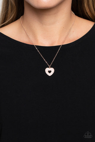 Romantic Retreat - Rose Gold - White Rhinestone Heart Dainty Pendant Paparazzi Short Necklace