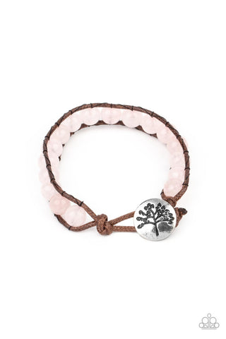 Seasonal Bounty - Pink - Rose Quartz Stone Bead Tree Brown Cord Paparazzi Button-Loop Closure Bracelet