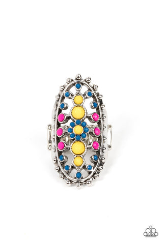 Sonoran Solstice - Blue - Yellow and Pink Bead Flower Oversized Paparazzi Ring