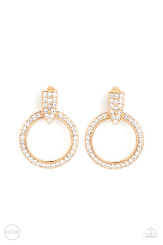 Sparkle at Your Service - Gold - White Rhinestone Hoop Paparazzi Clip-On Earrings