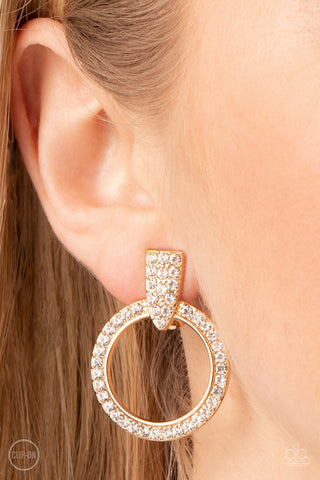 Sparkle at Your Service - Gold - White Rhinestone Hoop Paparazzi Clip-On Earrings