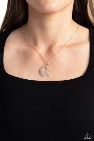 Stellar Sway - Rose Gold - Glassy Blue Bead Moon Paparazzi Short Necklace