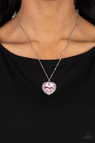 Sweethearts Stroll - Pink - Oversized Heart Gem White Rhinestone Halo Paparazzi Short Necklace