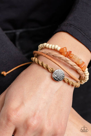 Treetop Trail Guide - Orange - Brown Suede Stone Paparazzi Pull-Cord Bracelet