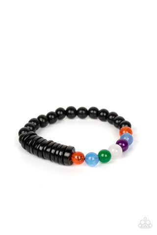 Tropical Kaleidoscope - Black - Wooden and Rainbow Glassy Bead Paparazzi Stretchy Bracelet