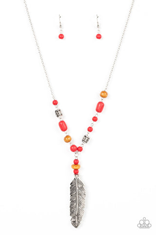 Watch Me Fly - Red - Stone and Wooden Bead Feather Pendant Paparazzi Necklace