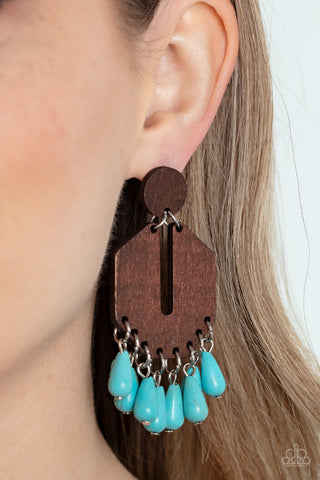Western Retreat - Blue - Turquoise Teardrop Stone Bead Wooden Frame Paparazzi Post Earrings