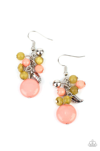 Whimsically Musical - Multi - Coral and Green Bead Silver Feather Paparazzi Fishhook Earrings