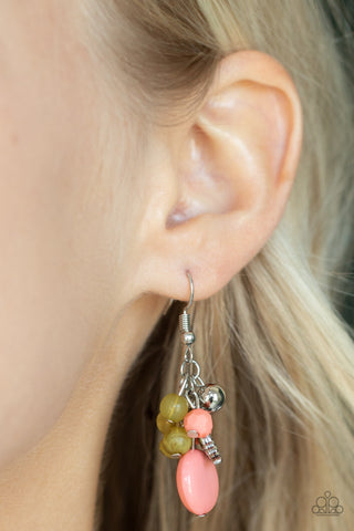Whimsically Musical - Multi - Coral and Green Bead Silver Feather Paparazzi Fishhook Earrings